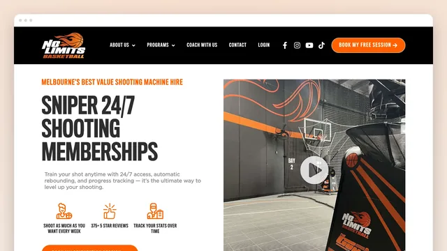 The Sniper 24/7 Shooting Memberships page in a browser window: the headline in condensed caps, "Train your shot anytime with 24/7 access, automatic rebounding, and progress tracking", and a video still of the shooting machine bays with a play button