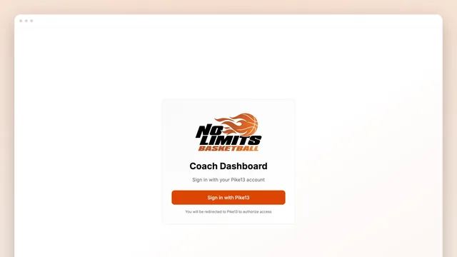 The staff portal in a browser window: a near-white page with a single centred card — the No Limits logo, "Coach Dashboard", "Sign in with your Pike13 account", an orange Sign in with Pike13 button
