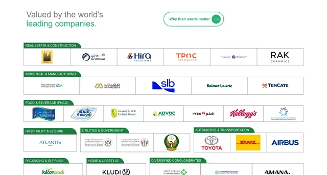 "Valued by the world's leading companies." — a logo wall grouped by sector: Real Estate & Construction, Industrial & Manufacturing (Emirates Steel, Maaden, SLB), Food & Beverage (Al Rawabi, Kellogg's), Hospitality (Atlantis), Utilities & Government, Automotive & Transportation (Toyota, DHL, Airbus)