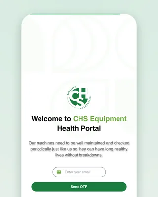 The internal portal's sign-in on a phone: the CHS mark, "Welcome to CHS Equipment Health Portal", an email field and a green Send OTP button
