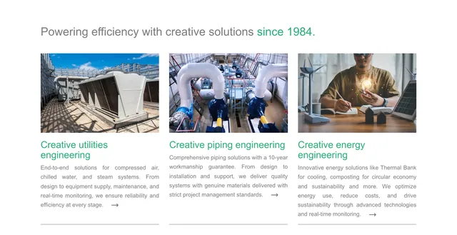 "Powering efficiency with creative solutions since 1984." over three photographs — rooftop chillers, a pipe-fitter at work, an engineer with a lit bulb — for Creative utilities engineering, Creative piping engineering and Creative energy engineering
