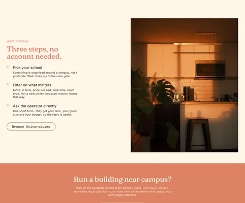"Three steps, no account needed." with three numbered steps — Pick your school, Filter on what matters, Ask the operator directly — a Browse Universities button, and a warm interior photo of a kitchen