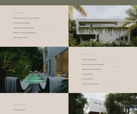 The amenity lists on stone panels — Architecture (full cast-in-place concrete construction, skylights and expansive glazing…), Outdoor Living (private swimming pool, wraparound third-level terrace, summer kitchen, outdoor projection screen), Private Arrival — set in a checkerboard with renders of the façade, the pool and a bathroom