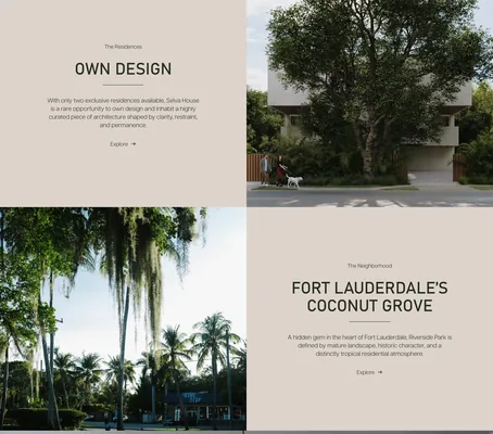 Two stone panels with renders: "OWN DESIGN — The Residences" beside the house among trees, and "FORT LAUDERDALE'S COCONUT GROVE — The Neighborhood" beside a street of palms and hanging moss, each with an Explore link