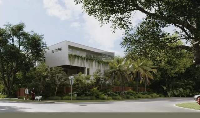A render of the house from the street: two storeys of white concrete with deep overhangs and planted terraces, behind a screen of palms and a mature tree, a figure walking a dog on the pavement