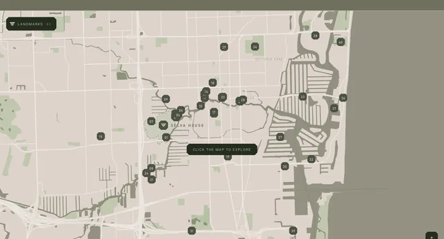 An interactive map of Fort Lauderdale in olive and stone, Selva House marked at the centre, landmark pins along the river and the beach, a Landmarks toggle and "Click the map to explore"