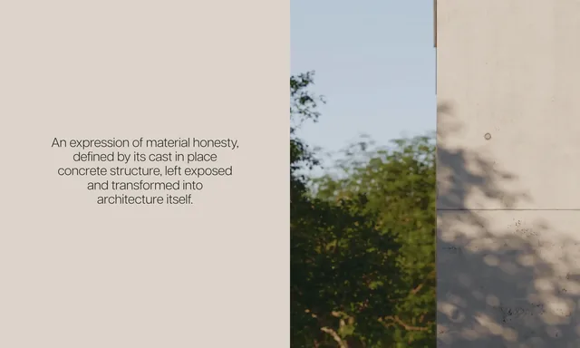 A stone-coloured panel — "An expression of material honesty, defined by its cast in place concrete structure, left exposed and transformed into architecture itself" — beside a tall crop of dappled light on a concrete wall