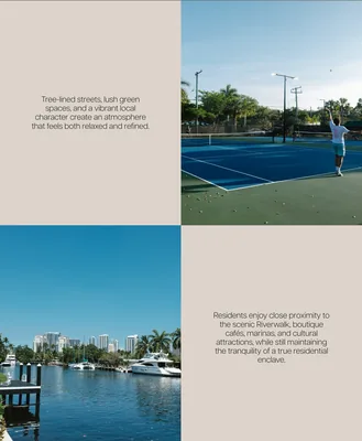 The Neighborhood page checkerboard: "Tree-lined streets, lush green spaces…" beside a tennis court, then a marina with the skyline beside "Residents enjoy close proximity to the scenic Riverwalk, boutique cafés, marinas…"