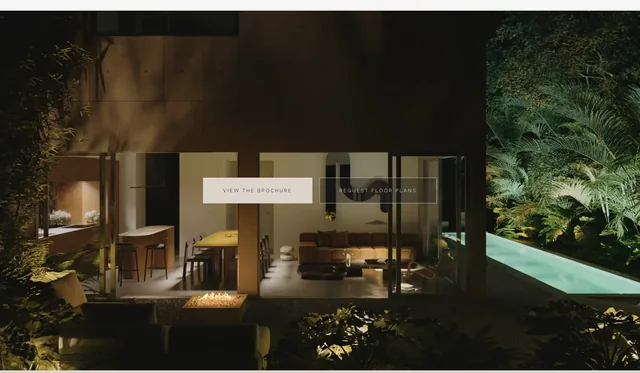 A night render of the house from the garden — the lit interior seen through full-height glass, the pool glowing, planting in silhouette — with two buttons, View the Brochure and Request Floor Plans