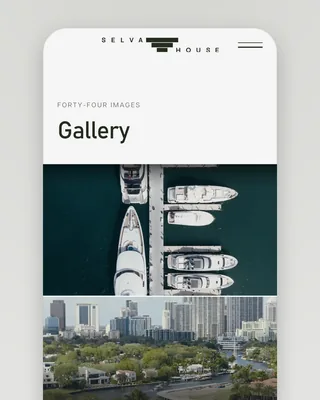 The Gallery page on a phone: the wordmark, "FORTY-FOUR IMAGES — Gallery", the aerial of the yachts and an aerial of the Fort Lauderdale skyline