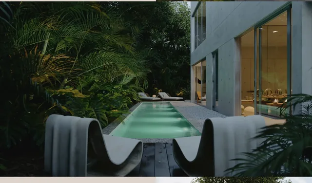 A render of the pool terrace at dusk: a long lap pool with a sculpted concrete edge, dense tropical planting, and the lit glass wall of the living room beyond