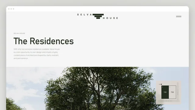 The Residences page in a browser window: "SELVA HOUSE — The Residences" and a paragraph, then a render of the house behind a tree with two markers, A and B, and a small site plan showing lots 728 and 730