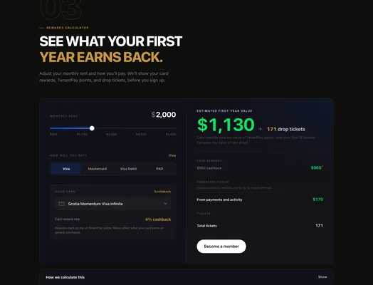 "SEE WHAT YOUR FIRST YEAR EARNS BACK." — a rewards calculator: monthly rent slider at $2,000, payment method tabs (Visa, Mastercard, Visa Debit, PAD), a card picker, and "ESTIMATED FIRST-YEAR VALUE $1,130 + 171 drop tickets"