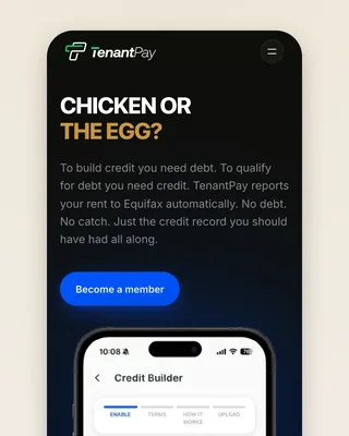 The Build Credit page on a phone: "CHICKEN OR THE EGG?" in white and gold, a paragraph on Equifax reporting, and a Credit Builder app screen below
