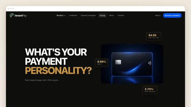 The Pricing page in a browser window: "WHAT'S YOUR PAYMENT PERSONALITY?" beside a glowing blue card, with fee tags — $4.99 PAD flat fee, 0.99% debit, 2.75% Mastercard