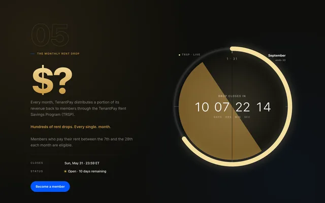 "THE MONTHLY RENT DROP": a large gold "$?", copy on the TenantPay Rent Savings Program, and a gold ring countdown — "DROP CLOSES IN 10 07 22 14"