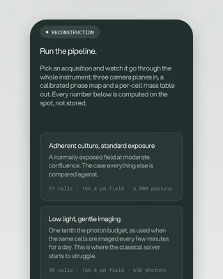 The reconstruction tool on a phone: a RECONSTRUCTION tag, "Run the pipeline.", a paragraph on the three camera planes and the per-cell mass table, and preset cards — "Adherent culture, standard exposure" (31 cells · 166.4 µm field · 6,000 photons) and "Low light, gentle imaging" (30 cells · 166.4 µm field · 650 photons)