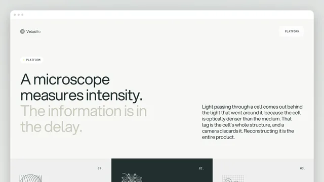 The Platform page in a browser window: a PLATFORM tag, the heading "A microscope measures intensity. The information is in the delay.", a paragraph on light passing through a cell and a camera discarding the lag that is its structure, and the start of a three-step diagram numbered 01 / 02 / 03